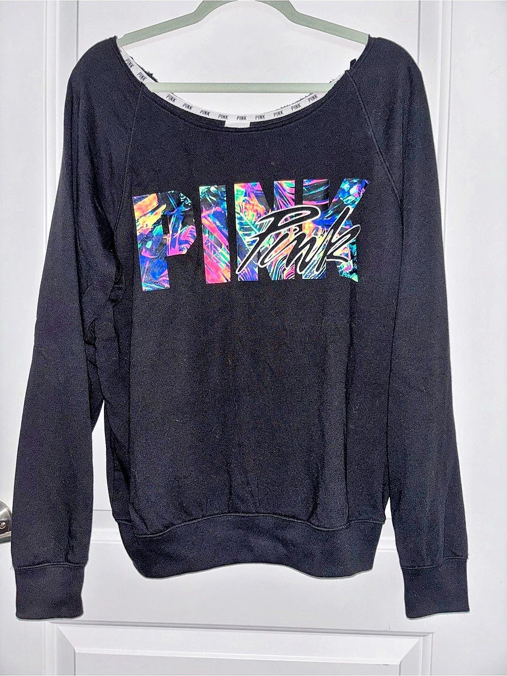 Victoria's Secret PINK Graphic Boatneck Sweatshirt in Black
